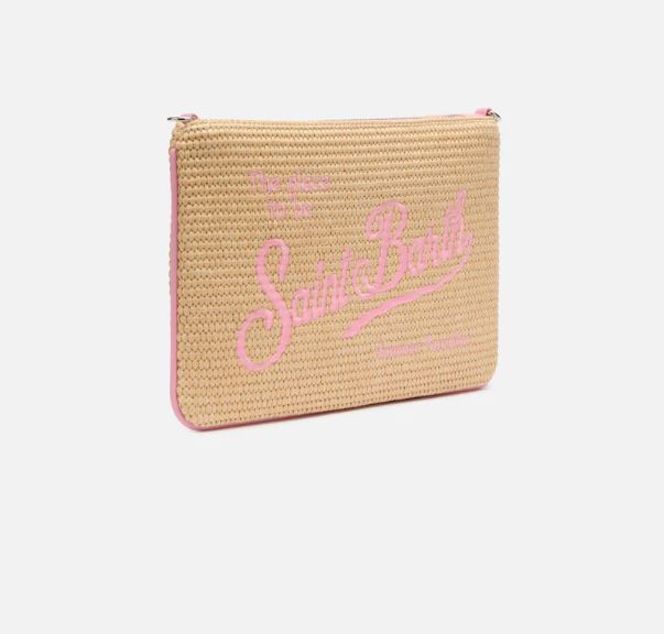 Pochette Parisienne effetto paglia con dettagli rosa