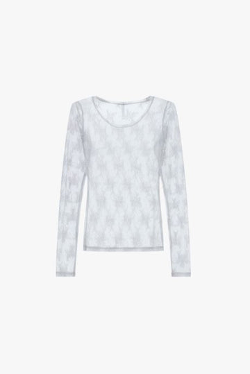 Top trasparente a maniche lunghe con ricamo floreale