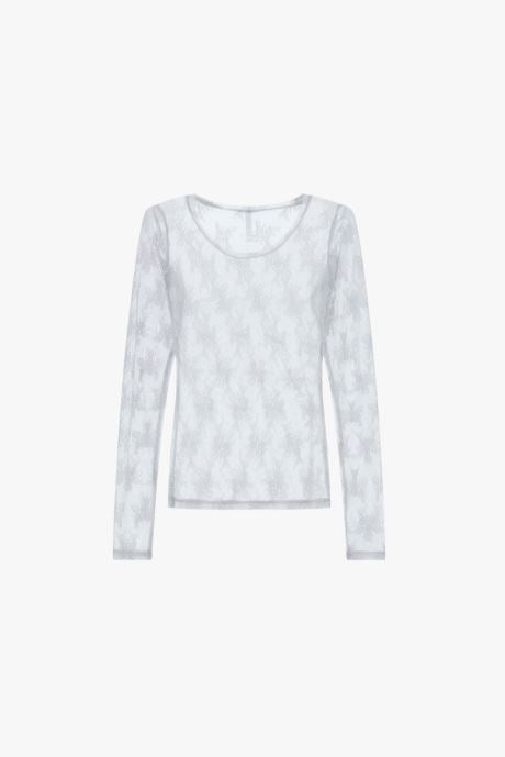Top trasparente a maniche lunghe con ricamo floreale