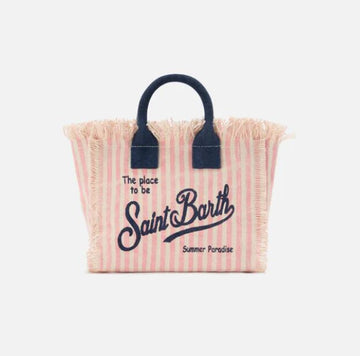 Borsa Vanity mini in canvas a righe rosa con dettagli blu