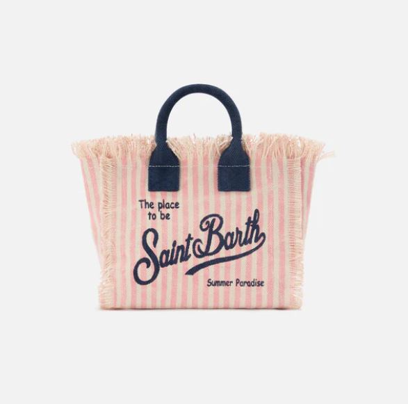 Borsa Vanity mini in canvas a righe rosa con dettagli blu