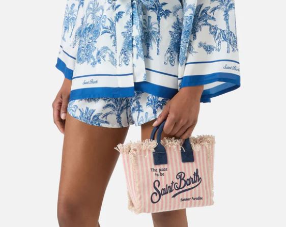 Borsa Vanity mini in canvas a righe rosa con dettagli blu