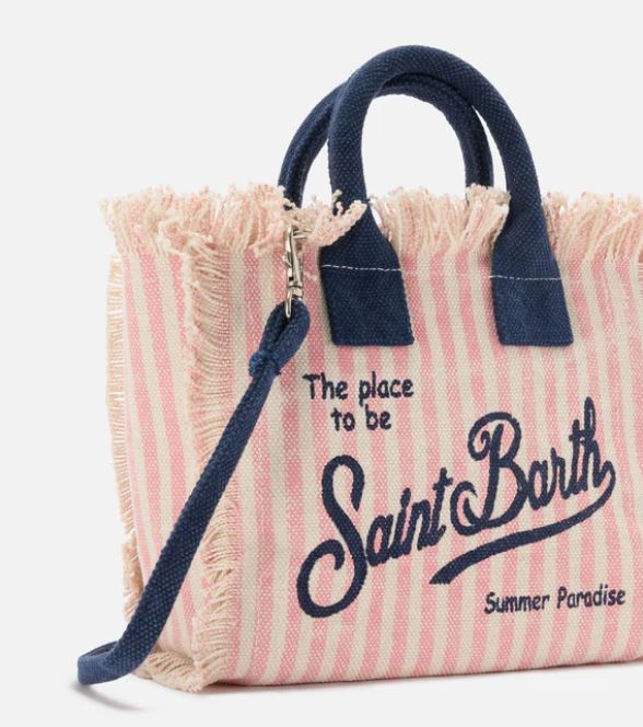 Borsa Vanity mini in canvas a righe rosa con dettagli blu