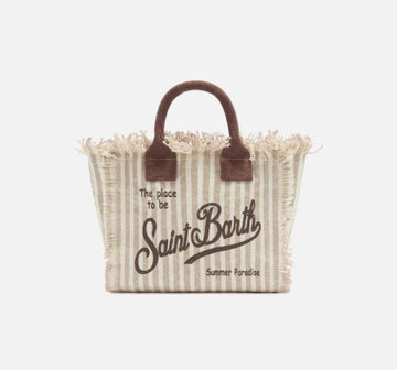 Borsa Vanity mini in canvas a righe marroni con dettagli a contrasto