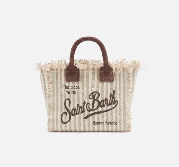 Borsa Vanity mini in canvas a righe marroni con dettagli a contrasto