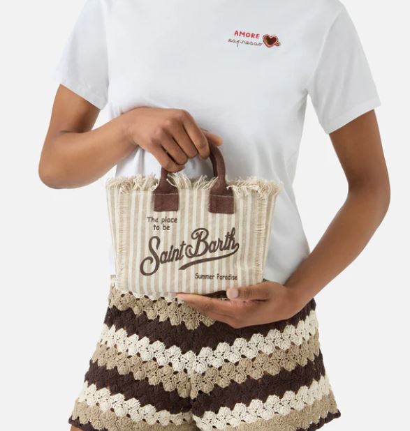 Borsa Vanity mini in canvas a righe marroni con dettagli a contrasto