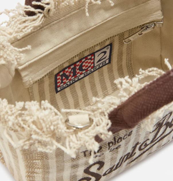Borsa Vanity mini in canvas a righe marroni con dettagli a contrasto