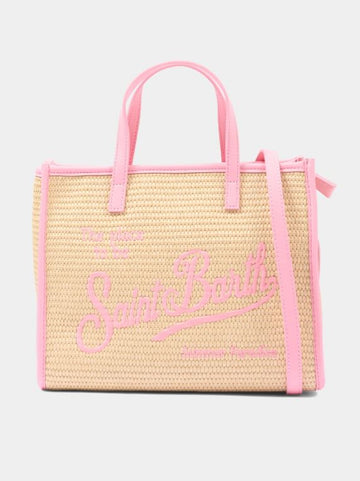 Borsa Vivian medium effetto paglia con logo rosa ricamato