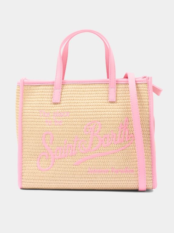 Borsa Vivian medium effetto paglia con logo rosa ricamato