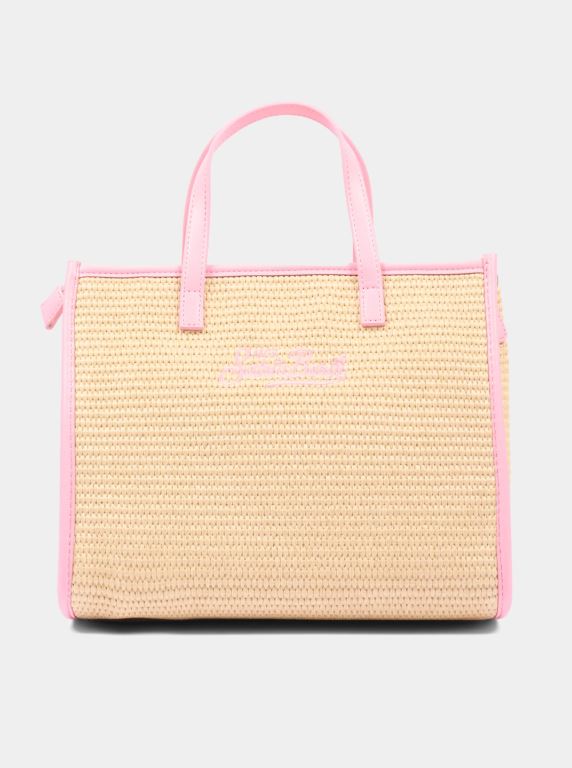 Borsa Vivian medium effetto paglia con logo rosa ricamato