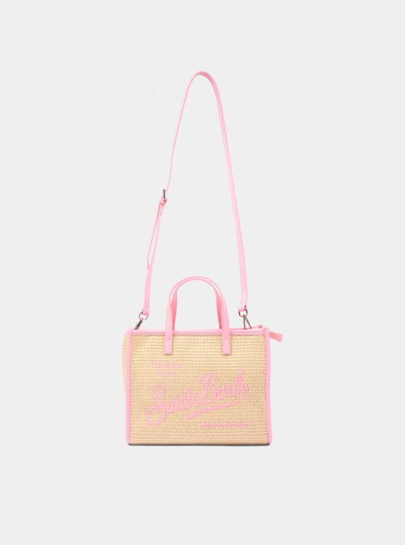 Borsa Vivian medium effetto paglia con logo rosa ricamato